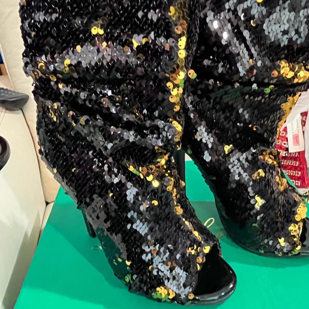 Lauren Lorraine Black and Gold Sequin Heeled Boots